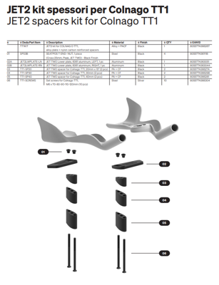 Deda Elementi JET2 kit for COLNAGO TT1, alloy plate + nylon carbon reinforced spacers, 40